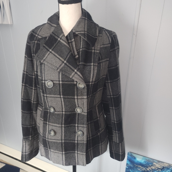 Old Navy Xs Women's Black and Gray Plaid Peacoat - Picture 1 of 7